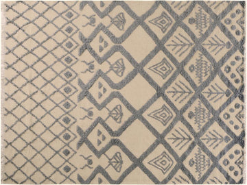 handmade Modern Moroccan Hi Ivory Blue Hand Knotted RECTANGLE 100% WOOL area rug 8x11